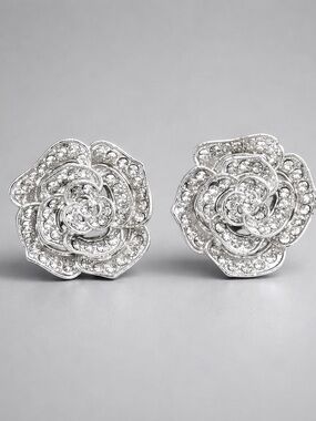 Silver Rhinestone Flower Stud Earrings Sterling plated